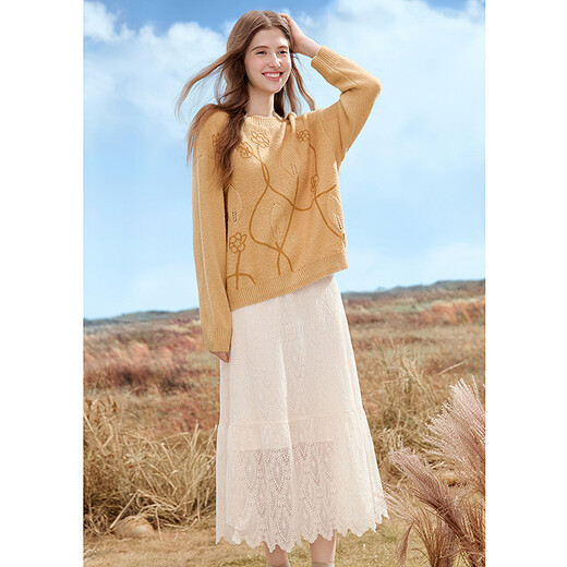 Betu Women's 2025 Autumn New Skirt Wave Playful Style Hollow Lace High-Quality Skirt Women 2509T79 Apricot M