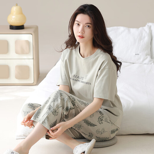 AIMU MEUGUI PAJAMAS PARA MUJER EN SUMMER ALIGO PURO Pantalones de manga corta Algodón delgado Summer Women's Ropa para mujeres Traje de primavera y otoño YZT9715 Pantalones de manga corta M 80-100Jin [Jin equivale a 0.5 kg]