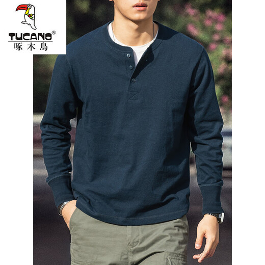 Woodpecker American Retro Henley Long Sleeve T-Shirt Men's 2025 Autumn 250g Pure Cotton Side Seamless Henley Collar Bottoming Shirt Denim Blue 250g Pure Cotton M Reference 125-140Jin Jin is equal to 0.5 kg