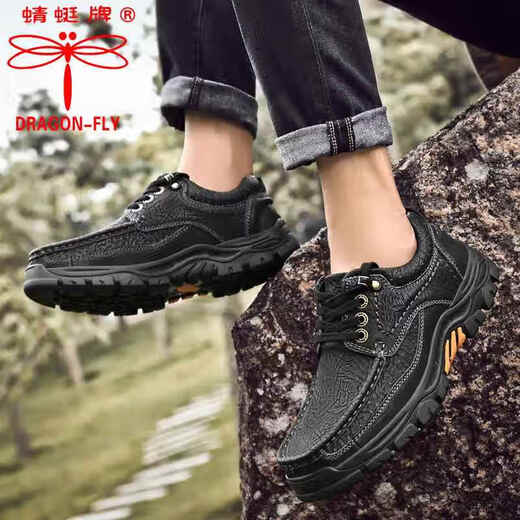 Dragonfly brand men's shoes new men's outdoor casual big-head leather shoes soft-sole cowhide work shoes hiking shoes black 6198 41