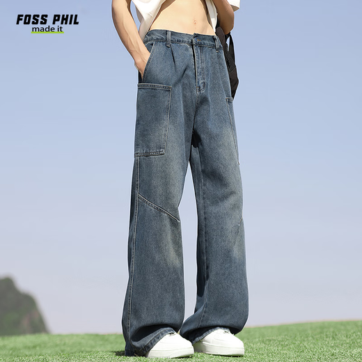 Foss Phil牛仔裤春夏季男士美式复古宽松弯刀直筒薄款阔腿裤G1105复古蓝XL