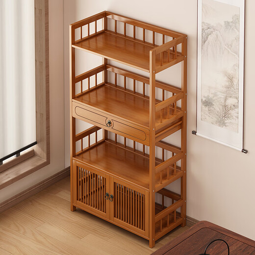 Baizhong tea rack storage rack bamboo non-solid wood tea rack storage cabinet living room small Bogu rack tea room multi-layer tea set rack three-layer simple style 50 long