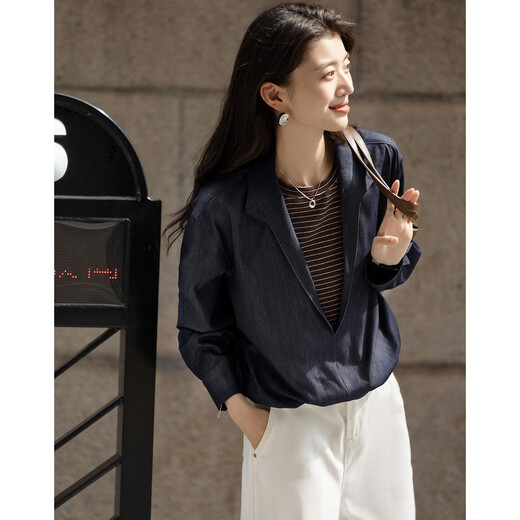 Demana layering artifact autumn temperament fake two-piece shirt imitation denim striped shirt lapel women's top