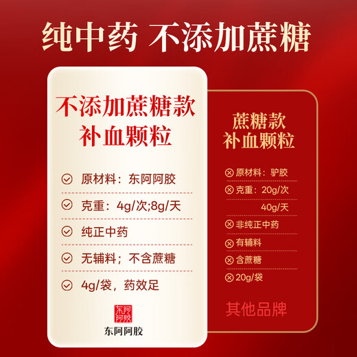 Sugar-free and easy to absorb. Dong'e donkey-hide gelatin and donkey-hide gelatin blood-enhancing granules 4g*30 bags. Donkey-hide gelatin blood-enhancing granules nourish qi and blood. Used for qi deficiency and blood deficiency and long-term illness.