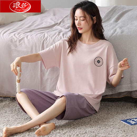 浪莎睡衣女夏天纯棉全棉七分裤套装夏季中老年妈妈大码短袖家居服 NXF-9853丹红 M 【建议体重：80-100斤】