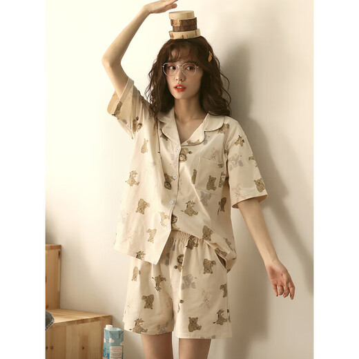 Muji com Mujis gleicher Stil Ujia Style 2024 Neue Pyjama für Frauen im Sommer Baumwolle Dünne Kurzärärmel-Strickjacken niedliche Cartoon Lion Home 12187 Frauenstil 1941 m