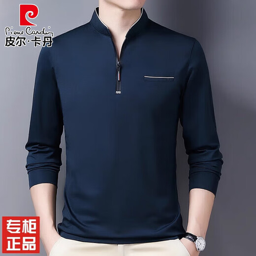 
Pierre cardin high-end men's clothing spring and autumn small stand collar men's long-sleeved T-shirt half-zipper casual base shirt men's free iron middle-aged dad P6623 dark blue M 165