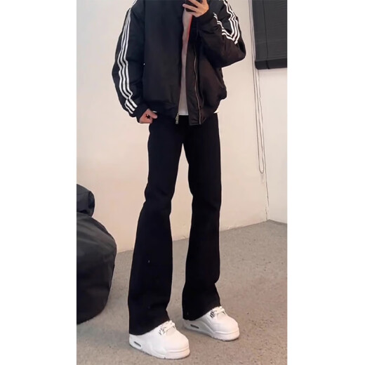 POUM黑色弯刀柳叶牛仔裤男春秋夏季款潮流显瘦美式高街直筒微喇裤子男 DFFS-701黑色 XL