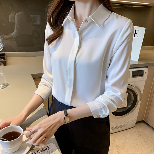 New Hong Kong Style Acetate White Shirt Women's Long Sleeve Professional Loose Commuting Retro Women's Shirt Business Wear 9102 White - Satin Concealed Button L Recommended 110-120 Jin Jin equals 0.5 kg