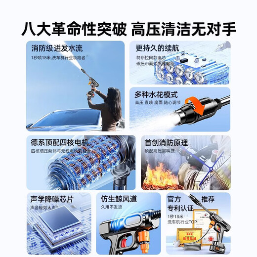 Xicheyou Wireless High-Pressure Car Washing Machine Home Brush Car Water Gun Portable Lithium Battery High-Power Supercharged Cleaning Artifact German Turbocharged 96V Single Battery + Enhanced Power 5-meter Explosion-proof Pipe German Top-equipped Water Gun + Lifetime Warranty + Free Storage Box + Shipping Insurance + Seven-day Trial