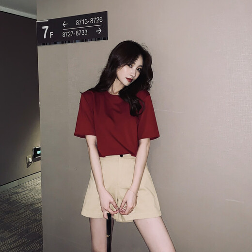 
Cool Chapter (KUZHANG) Hong Kong style burgundy T-shirt for women short-sleeved 2024 new summer blue yellow solid color loose shoulder top pure cotton white 3895 S