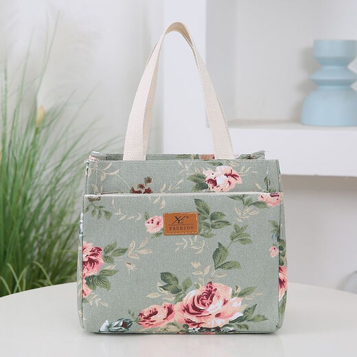 Canvas bag, thickened and sturdy handbag, portable zipper for going out, portable aluminum foil insulation layer, lunch box bag, lunch bag, green flower handbag + thermal insulation