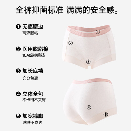 芬腾可安（FENTENGCARE）【100%纯棉加长裆 10A抑菌】3条装无痕平角中腰女士内裤