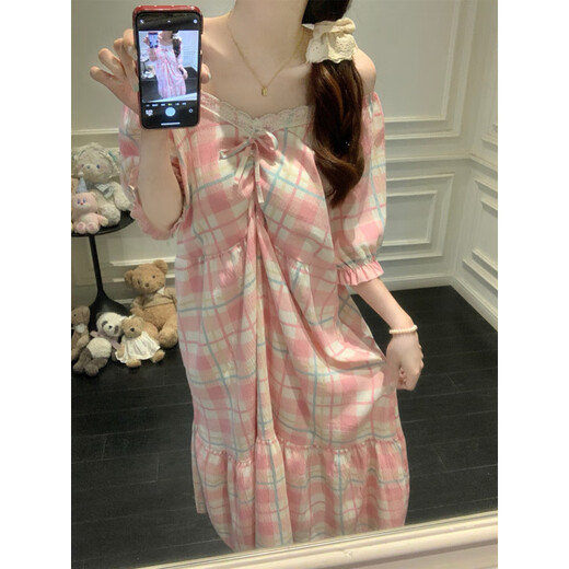 
Cat man (MiiOW) pink plaid pajamas for women in summer with chest pads sexy cute lace short-sleeved princess style nightgown 2025 home clothes 16864 pink flower green leaves fixed chest pad M 160