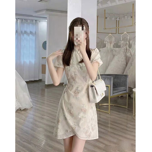荣西图（RONGXITU）夏季法式复古旗袍连衣裙女短袖气质 838米白 M