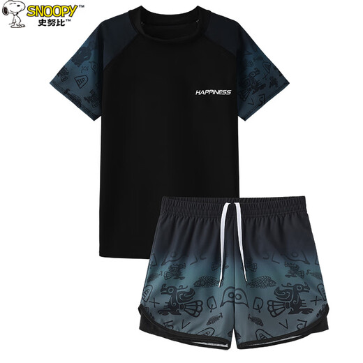 Snoopy Badeanzug, Junge, Junge, Schüler der Junior High School Trennung 2025 New Fat Children's Swimsuit, Teenager Anti-Embarren-Schwimmkofferanzug 9712-schwarz und grünem Verlauf [mit Schwimmkappe] 150 (Gewicht 50-70 Jin [Jin gleich 0,5 kg]))