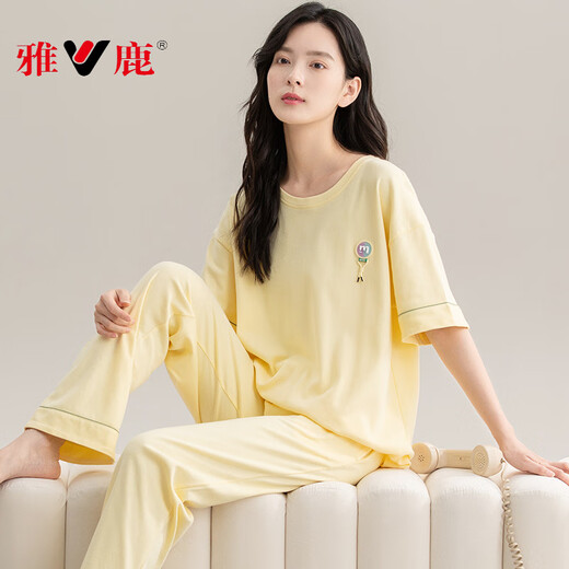 雅鹿新款睡衣女款夏季夏天纯棉短袖长裤半袖春秋鹅黄家居服夏款 CM65029【女】 Z9712 M 【建议80-100斤穿】