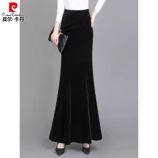 Pierre Cardigan long gold velvet skirt fishtail skirt spring draping effect slimming tall women hip-covering long skirt showing temperament black 2XL 140-155