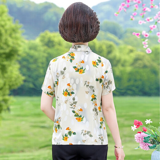 Goldlion轻奢中老年冰丝短袖衬衫女夏季薄款宽松休闲衬衣妈妈奶奶印花睡裙 6623红色 XL 90-105斤