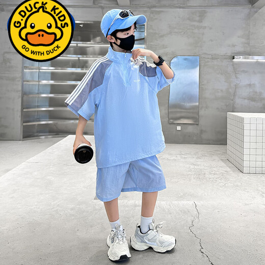 G.DUCKKIDS boys summer cool short-sleeved suit 2025 new medium and large children's outdoor sun protection clothing two-piece set boys half-sleeved trendy blue suit Children's Day gift 100 cm