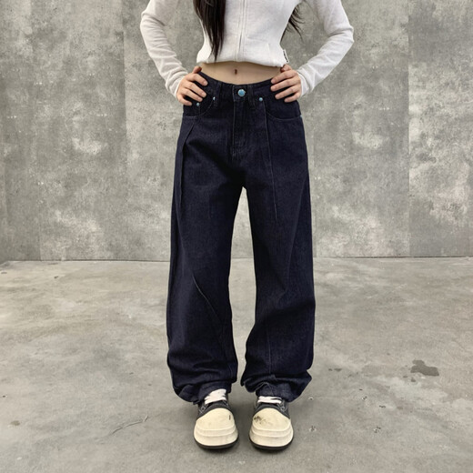American high street retro personality belt jeans men and women dark blue street loose silhouette sickle wide-leg pants blue 1355 M