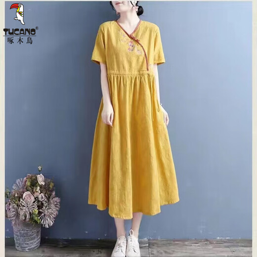 Woodpecker 2025 summer new cotton linen tilted placket embroidered short-sleeved dress for women Chinese style literary retro mid-length skirt Blue M Recommended 80-105Jin [Jin equals 0.5 kg]