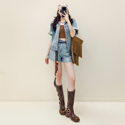 MeiYANG (MEIYANG) Chiang Mai Holiday No. 2 Denim Jacket Cotton and linen Salt Washing Short Sleeve Blue M