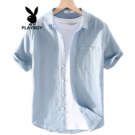 
Playboy (PLAYBOY) men's high-end linen shirt summer trendy brand thin cotton linen top men's casual short-sleeved T-shirt summer clothes yunyi-9711 blue L