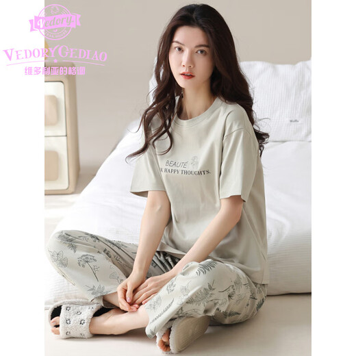 Victoria's Style Cotton Ladies Pyjamas Set Summer Summer Pure Cotton Kurzärmel-Cartoonhose Koreanische Kleidung im koreanischen Stil kann draußen im Sommer Y9712 m getragen werden (empfohlen 75-95jin [Jin gleich 0,5 kg]))