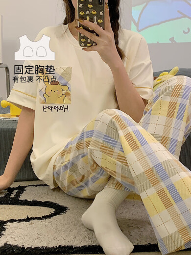 带胸垫睡衣女款棉质短袖长裤2025年新款卡通女士可外穿家居服套装 QGL9207 M
