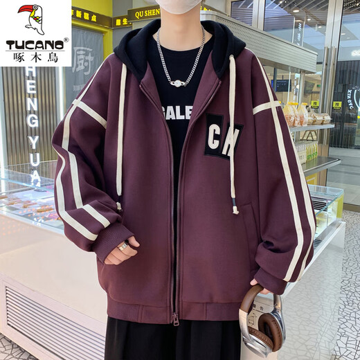 啄木鸟（TUCANO）连帽卫衣开衫外套男春秋季棒球夹克服2024新款青少年潮牌港风美式 10123-9207黑色 M 建议75斤以内