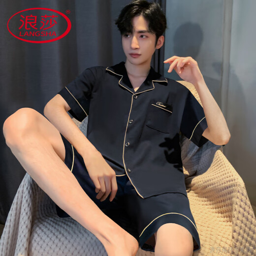 浪莎（LangSha）轻奢高档睡衣男夏季夏天薄款冰丝短袖青少年可外穿男士2025新款家 12532【云朵棉绉布款】 M 建议身高165左右，体重90-110