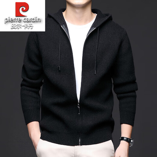 Pierre Cardin 100% wool knitted cardigan men's hooded solid color sweater jacket zipper sweater spring and autumn casual men's outerwear black L 170 recommended 115-135 Jin Jin equals 0.5 kg