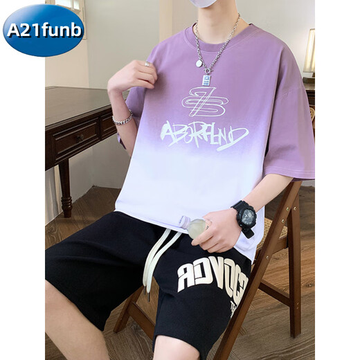 A 21 FUNB青少年夏季运动套装短袖t恤男孩12-15岁高中生学生帅气13大童男装 3523-5白色套装【短-袖+黑短裤】 170 M(约75-100斤)