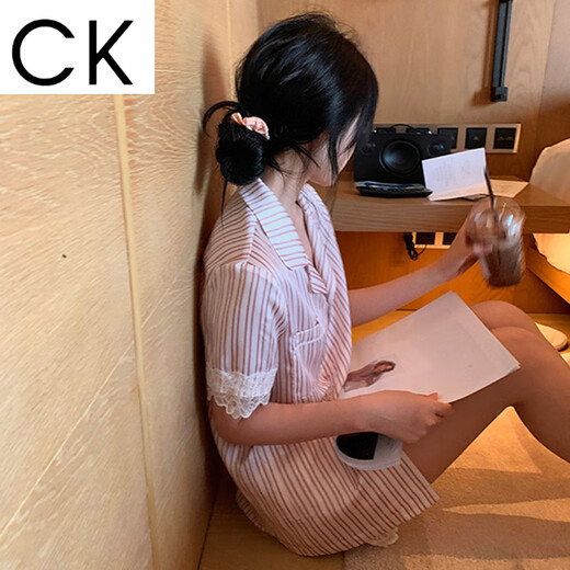CK lace striped ice silk pajamas for women ins spring and summer ins windy home clothes can be worn outside LW-9214 [fabric] M [recommended 80-100Jin [Jin equals 0.5 kg]]