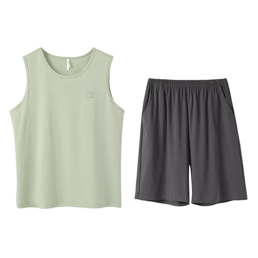 Anzhiban JuhaoSleep Couple Pajamas Summer Elastic Cotton Loose Solid Color Vest Shorts Men's and Women's Home Clothes Set Grass Green Male 2XL