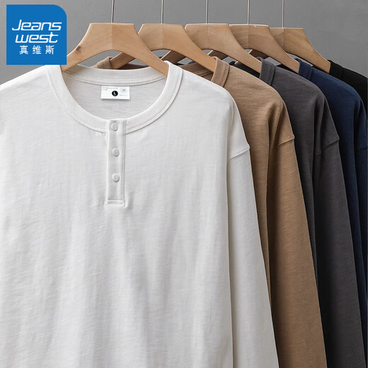 Jeanswest long-sleeved T-shirt for men in autumn and winter simple business Henry collar sweatshirt three-needle loose casual cotton bottoming shirt for men white + gray L