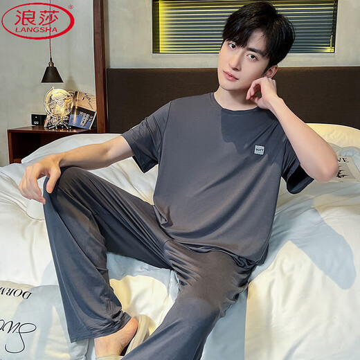 浪莎（LangSha）柔软莫代尔棉睡衣男夏装新款短袖长裤薄款冰丝凉感男款家居服套装 AGF2687短长男 5XL 【200-220斤】