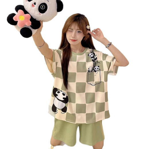 Xushansi Frauen-Pyjamas Sommer kurzärmelig 2025 Neues süßer dünner Sommer-Plus-Size-Hals-Kleidungsstück 679 Grüne Dinosaurier M Empfohlen 80-90jin [Jin ist 0,5 kg]