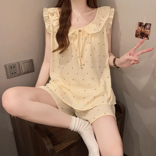 Another simple polka dot cloud cotton vest shorts pajamas women's suit summer 2025 new style sweet home clothes with chest pad 2808 colored dots fixed chest pad L