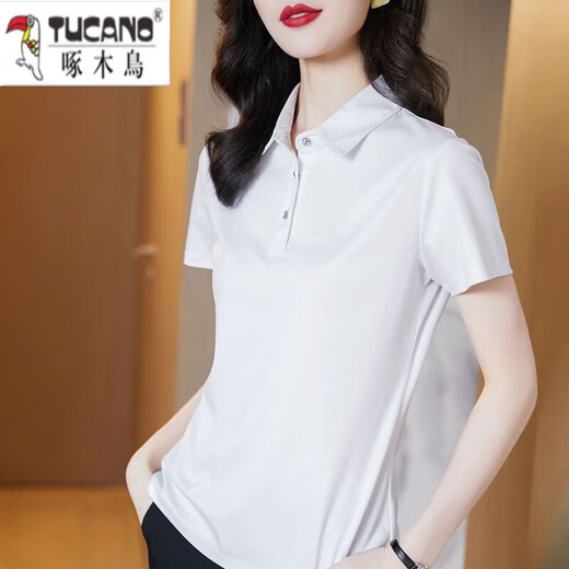 Woodpecker Pure Cotton 2025 NUEVA Camiseta de verano Camiseta de solapa de manga corta para mujeres Versátil de moda de estilo coreano LED Mujeres 1048# Negro 2xl recomendado 120-140Jin [Jin iguala 0.5 kg]
