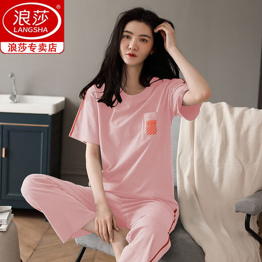 Langsha Pure Cotton Pajamas's 2025 Summer delgada pantalones de manga corta de manga de manga en casa El juego de verano de algodón casual de algodón se puede usar afuera 7374 rosa M [80-100Jin [Jin es igual a 0.5 kg]]]