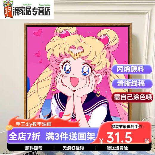 Kazuo cute cartoon Sailor Moon digital oil painting DIY children's hand-painted acrylic oil painting bedroom hanging painting SJ16852 30*30cm solid wood inner frame + brush paint