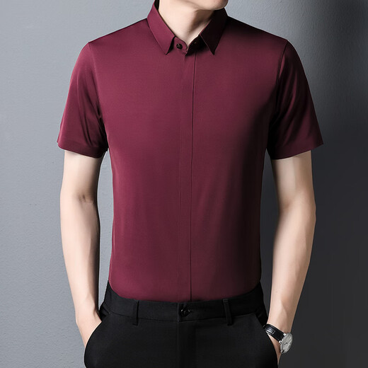 KOOSHI奢品高端男士衬衫爸爸结婚礼服抗皱本命年红色短袖衬衣喜公公婚宴 红色967 M