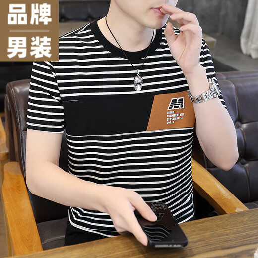 CK2025男士新款夏季高品质圆领短袖T恤时尚潮流条纹弹力半袖体恤衫 9898-白色 9898-白色 M 建议体重80-100斤