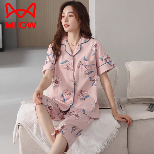 猫人（MiiOW）纯棉睡衣女夏款短袖七分裤开衫款妈妈大码休闲家居服女款2025新款 米杏色NXF-9893纯棉 女款开I衫短 M 【建议80--100斤】