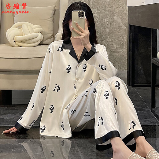 允桐感熊猫长袖睡衣女春秋季开衫冰丝薄款可外穿两件套家居服夏天 b693黑色小狗 L 码100-120斤