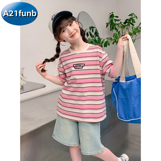 A 21 FUNB女童夏装短袖T恤夏款2025新款女大童条纹半袖儿童夏季上衣薄 DY11980红色 110 cm