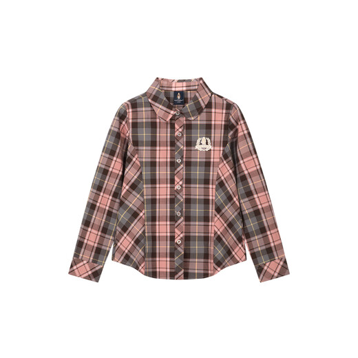 Hush Puppies children's clothing for children and older children 2025 autumn new casual comfortable soft classic college plaid long-sleeved shirt light pink 160 cm