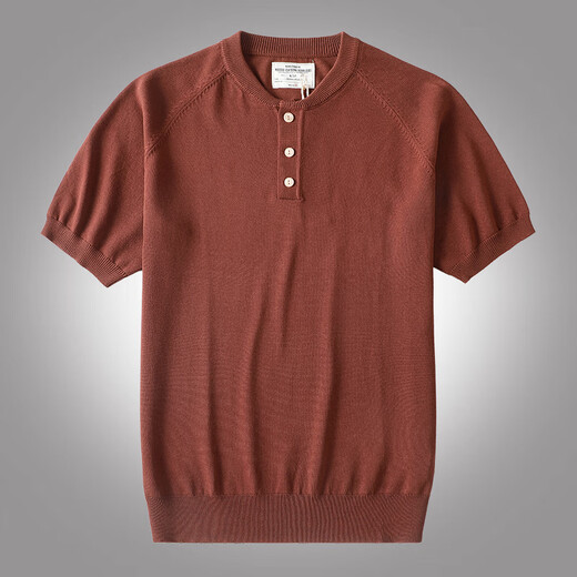 AK ARMY summer new American retro vintage knitted short-sleeved T-shirt men's Henry collar men's casual T-shirt brick red M
